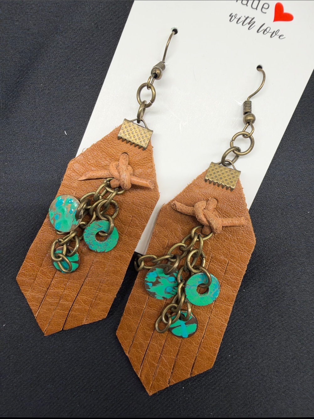 NEW Handmade Brown Leather Fringe Earrings with Turquoise Accents